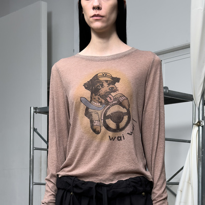 若若韩国正品代购OPENYY25新款小狗印花微透长袖T恤内搭打底