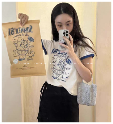 【有购买凭证】若若韩国正品代购viaplain女士拼色猫咪图短袖T恤