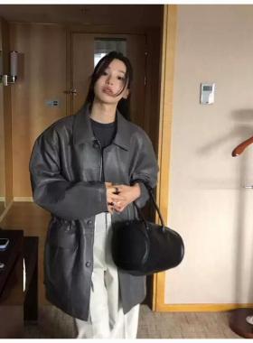 若若韩国正品代购smoothmood抽绳收腰皮衣ins风中长款女宽松外套