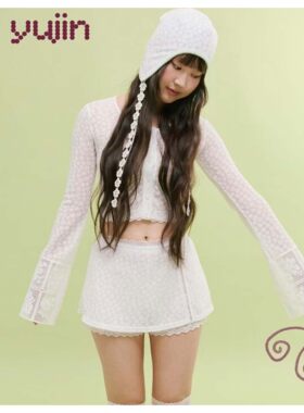 若若韩代minjiena26新款微透蕾丝花朵长袖开衫短裤裙裤套装