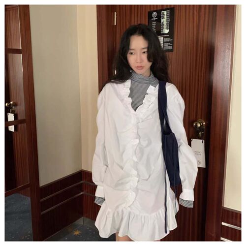 若若韩代正品直邮maybebaby春棉100%V领荷叶边褶皱连衣裙白色女