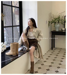 【有购买凭证】若若韩国代购howus牛皮v开口中筒靴时装靴