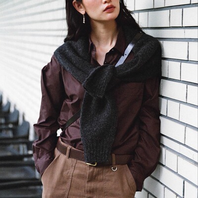 若若韩国正品代购urbanic30深色复古纯棉衬衫女内搭打底叠穿马甲