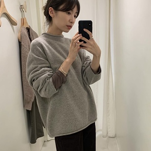 若若韩国正品代购moia25秋冬美丽奴羊毛卷边针织毛衣内搭套头打底