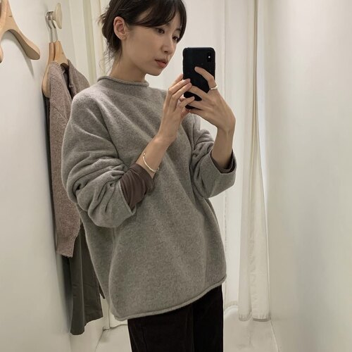 若若韩国正品代购moia25秋冬美丽奴羊毛卷边针织毛衣内搭套头打底