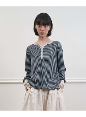若若韩代正品直邮nocontent25秋冬tone亨利领条纹长袖T恤内搭打底
