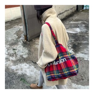 若若韩代正品直邮luftmansion红色格纹包包韩系轻便布包帆布布袋