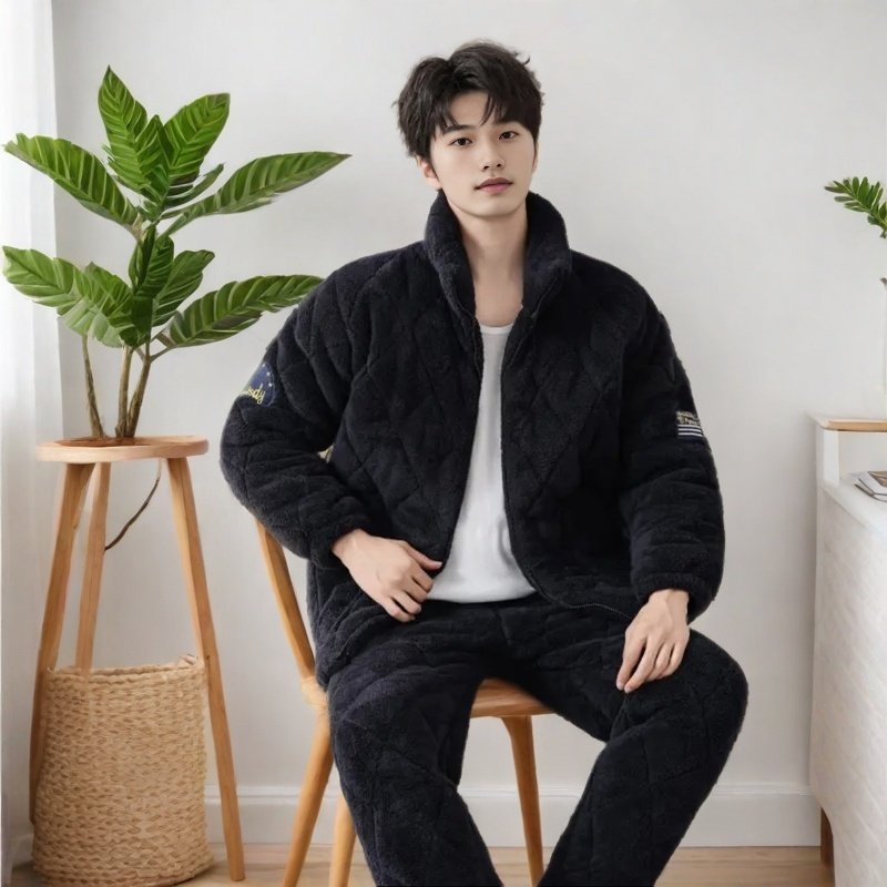 新款秋冬睡衣男士牛奶绒立领拉链新三层夹棉加绒加厚可外穿冬季