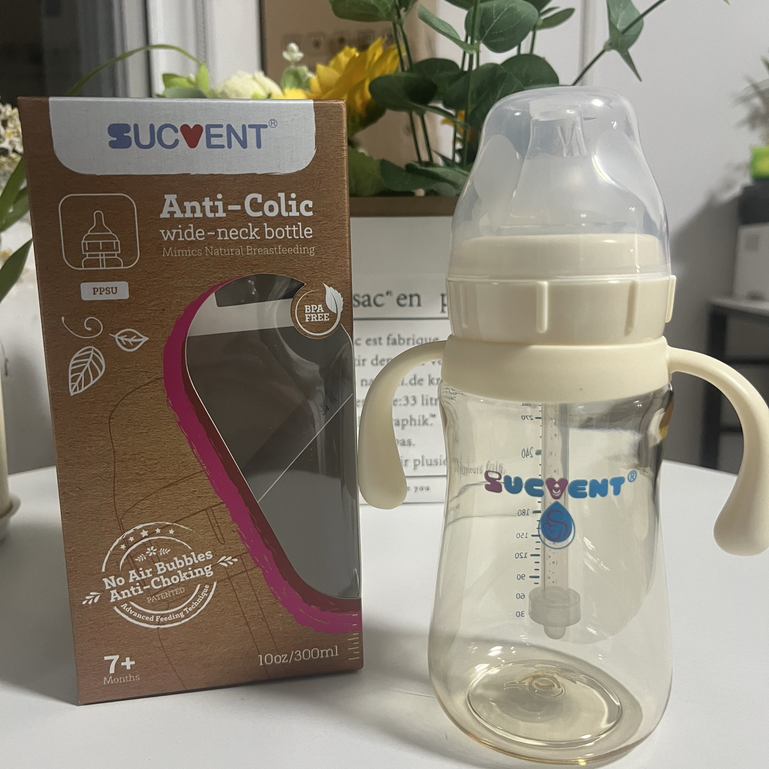 sucvent/舒婴母乳喂养防呛小白管奶瓶新生儿宝宝PPSU300ml大奶瓶