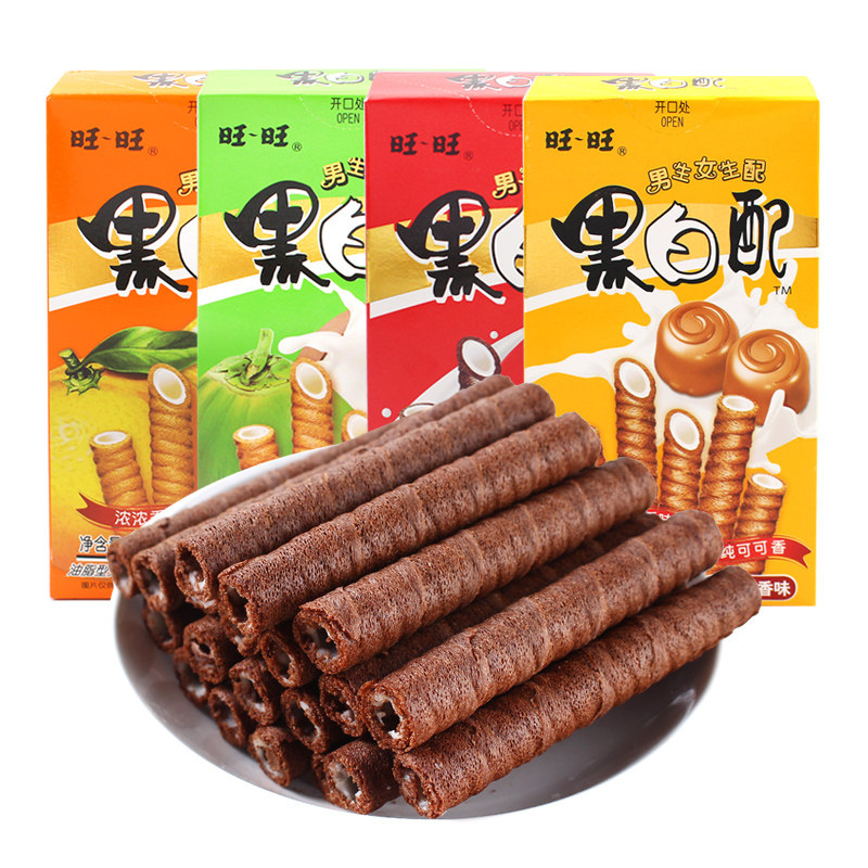 旺旺黑白配56g*4盒香草椰奶焦糖奶香办公休闲零食蛋卷巧克力小吃