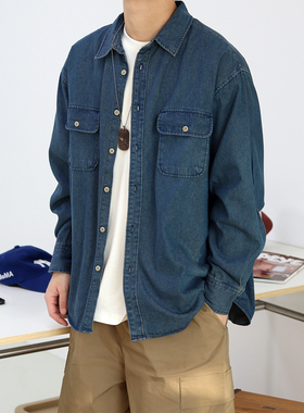 Sigbreak日系复古牛仔长袖衬衫cityboy春秋季做旧外套宽松休闲男