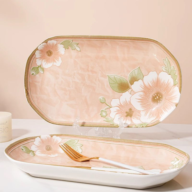 家用鱼盘釉下彩山茶花