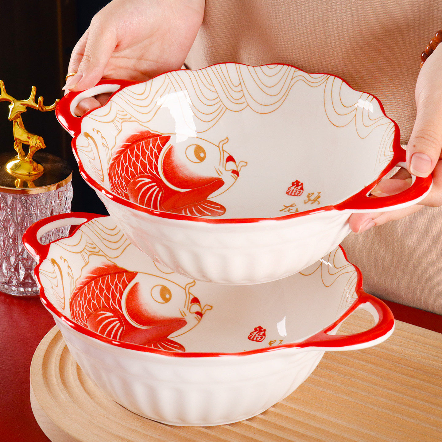 双耳汤碗家用2026新款餐具釉下彩陶瓷乔迁喜庆大号酸菜鱼汤盆面碗,餐饮具,碗,淘宝优惠券,粉丝福利购,淘宝优惠卷