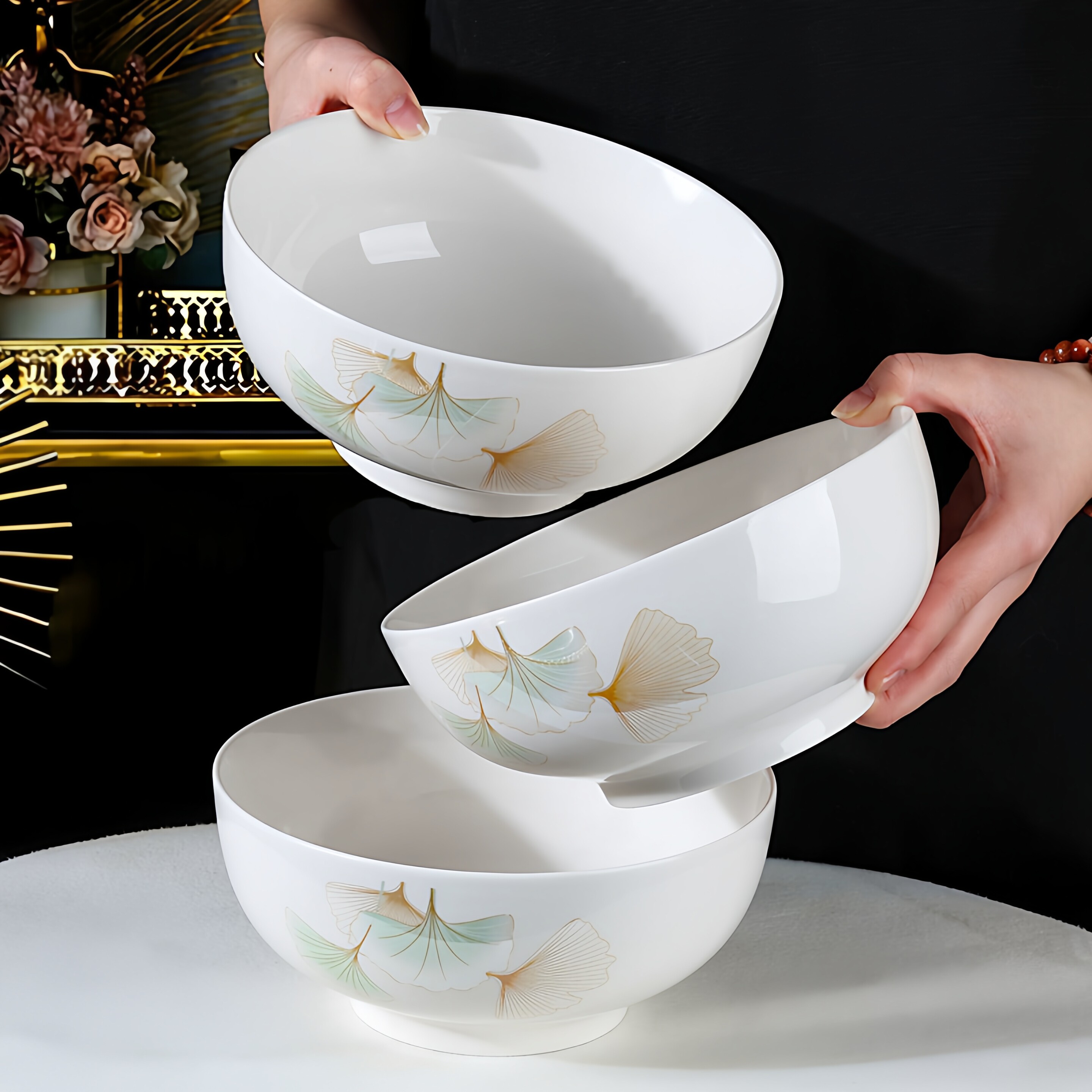银杏叶陶瓷饭碗家用韩式拌饭海带汤粉丝高档深口面条碗混沌碗汤碗