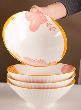 斗笠碗特别好看的面碗家用橙色花海陶瓷釉下彩面碗个人专用精致碗