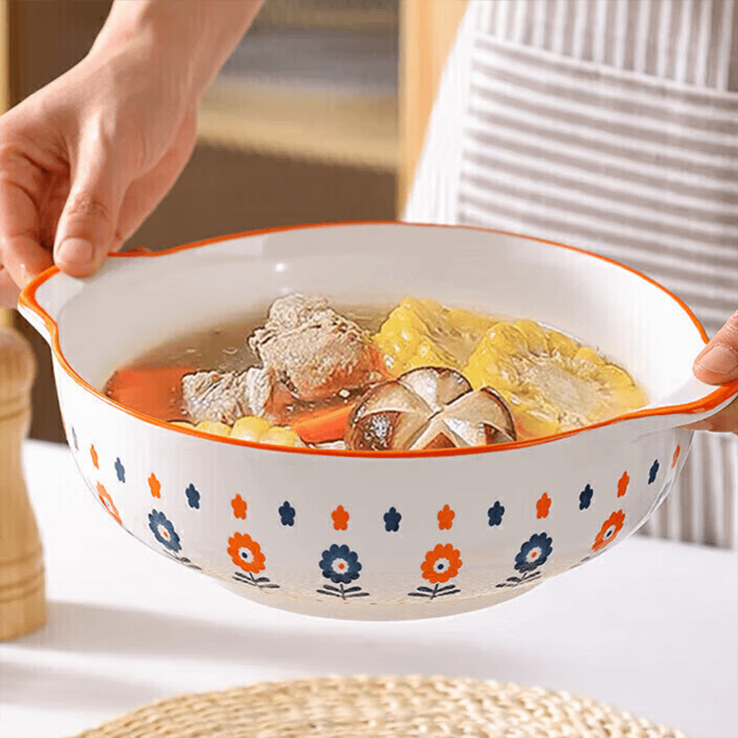 双耳汤碗家用2025新款防烫陶瓷加厚可微波汤盆大号面碗高颜值大碗