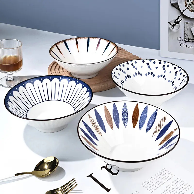 斗笠碗家用8英寸陶瓷大号日式高颜值釉下彩面碗套装沙拉碗吃饭碗