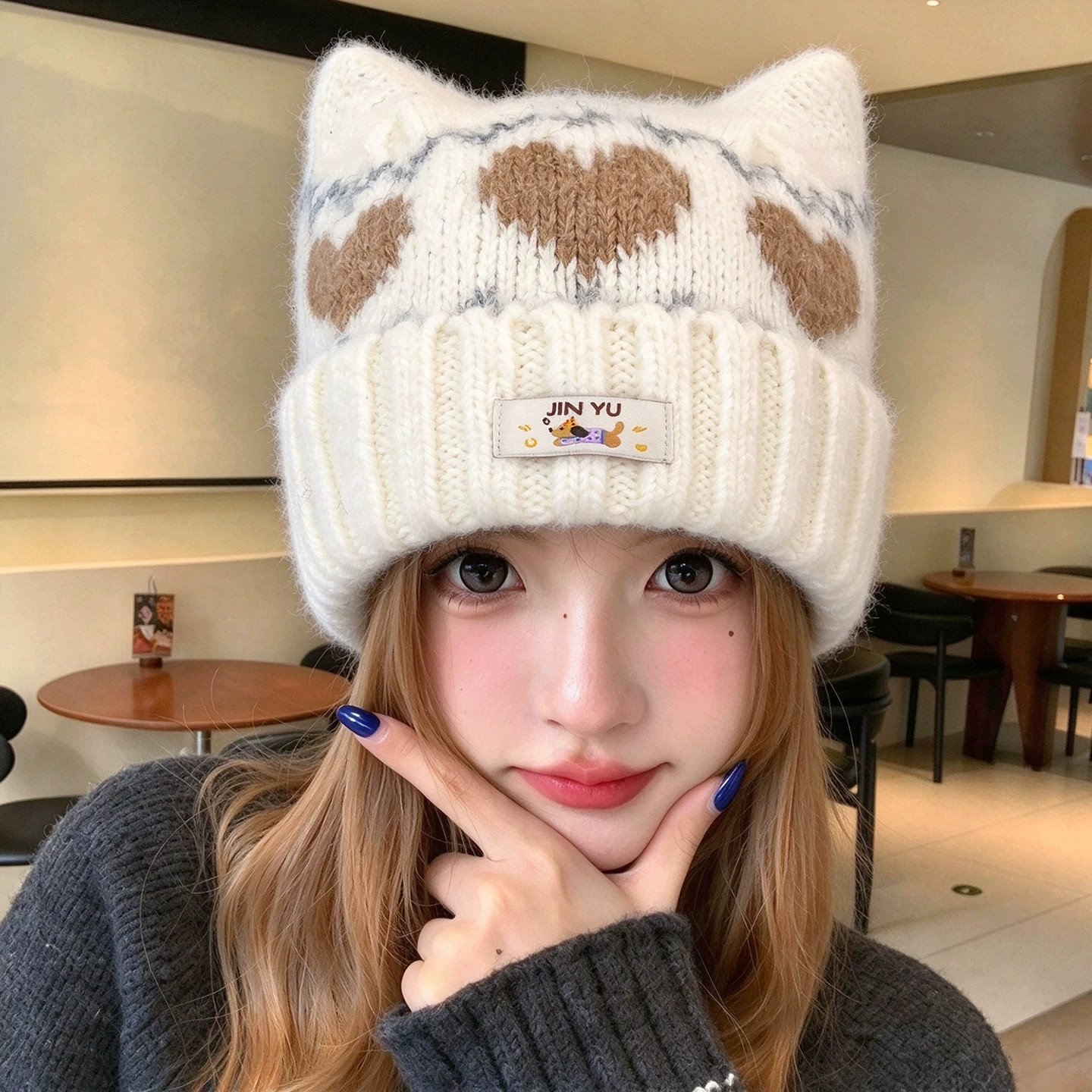 韩系猫耳针织帽女秋冬保暖显脸小