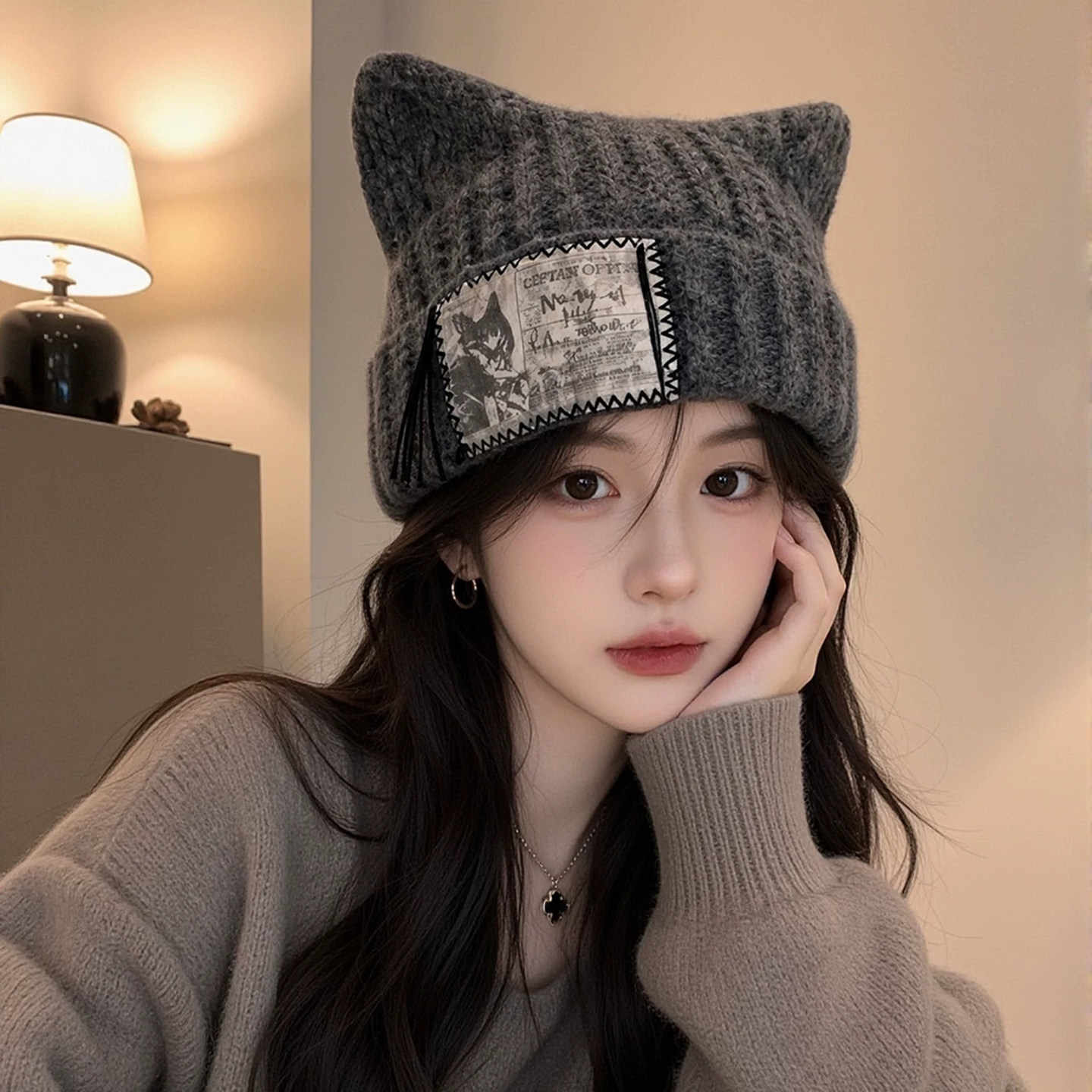 韩版猫耳针织帽女秋冬保暖显脸小