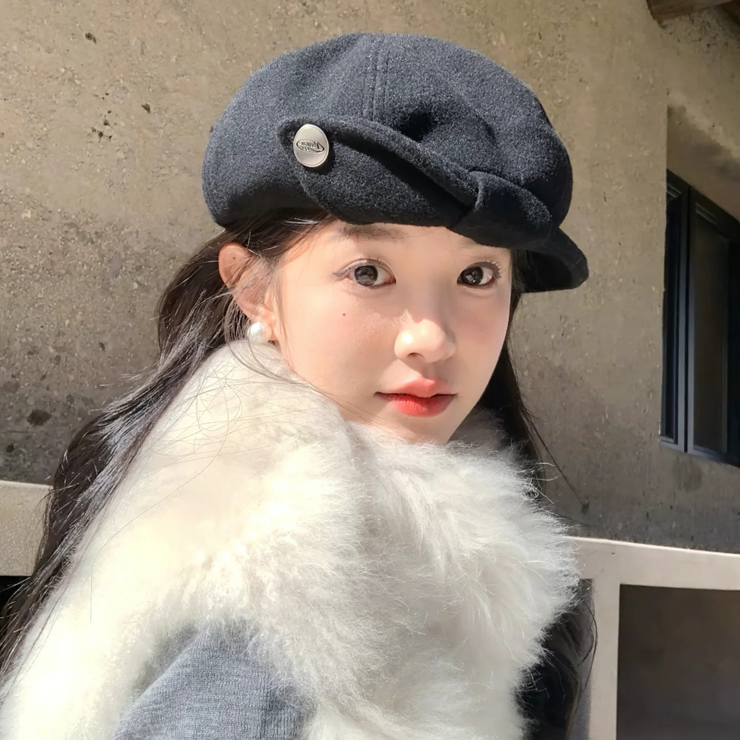 复古金属扣翻檐贝雷帽女冬季显脸