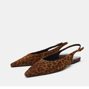 西班牙ZA家女鞋 豹纹尖头平底包头凉鞋女后空百搭浅口单鞋穆勒鞋