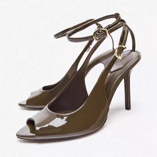 西班牙ZA家女鞋 性感漆皮尖头高跟凉鞋女后空扣带卡其绿时装鞋