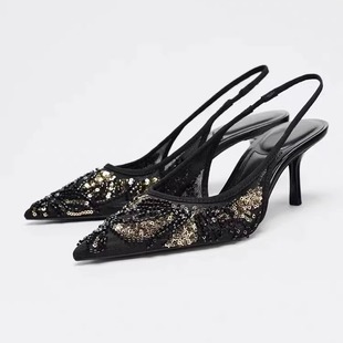 串珠亮片百搭尖头高跟后绊带包头凉鞋 新款 2025年夏季 西班牙潮牌