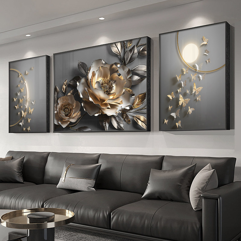 轻奢高级感客厅装饰画高档大气立体感沙发背景墙挂画花卉三联壁画,家居饰品,现代装饰画,淘宝优惠券,粉丝福利购,淘宝优惠卷