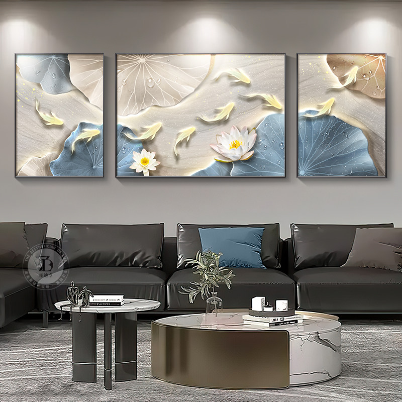 九鱼图客厅装饰画 画现代简约沙发背景墙挂画 画高档大气抽象三联,家居饰品,现代装饰画,淘宝优惠券,粉丝福利购,淘宝优惠卷