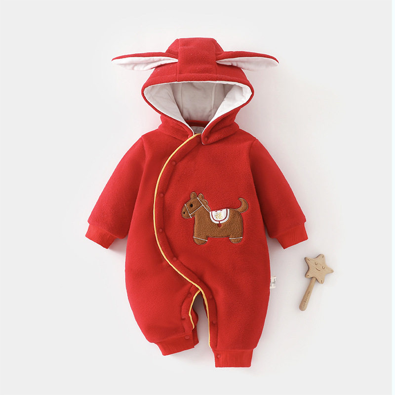 婴儿连体衣200克加棉宝宝大红色秋冬外出哈衣拜年服活帽儿童爬服