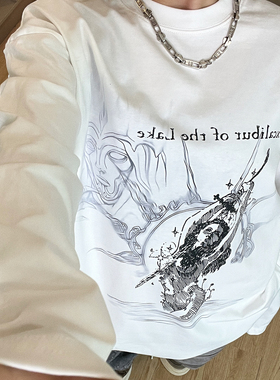 【湖中剑】美式休闲设计感小领口宽松字母印花长袖T恤hiphop歌姬