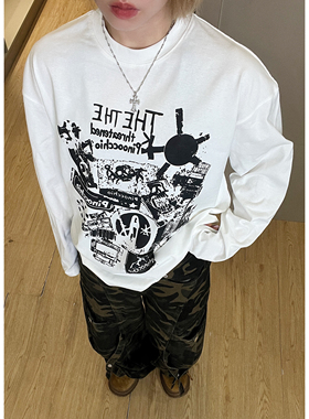 【不破不立】街头美式休闲印花重磅宽松男女长袖打底T恤卫衣小众