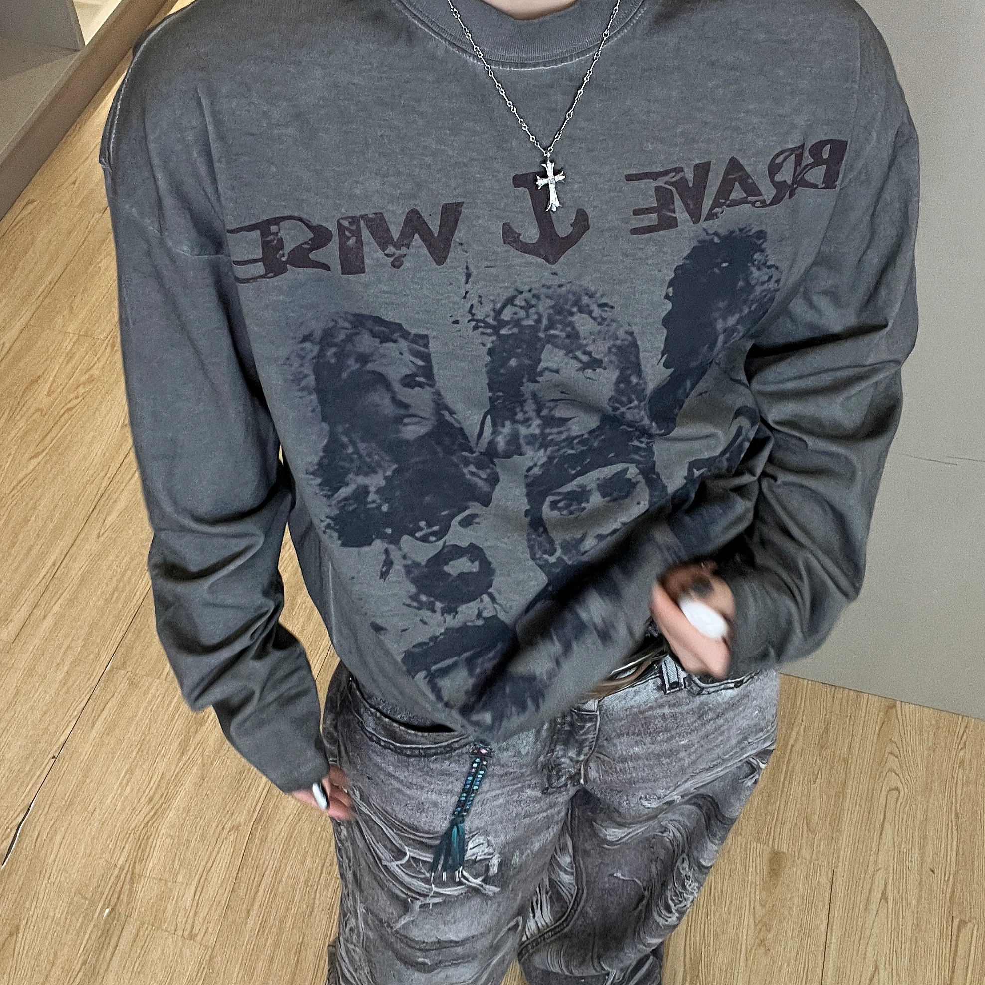 【叛逆水手海盗】美式休闲设计感小领口宽松印花长袖T恤hiphop潮