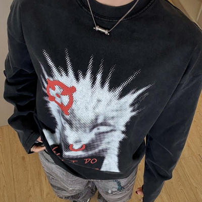 【炸毛】美式休闲设计感小领口宽松字母印花长袖T恤街头猫hiphop