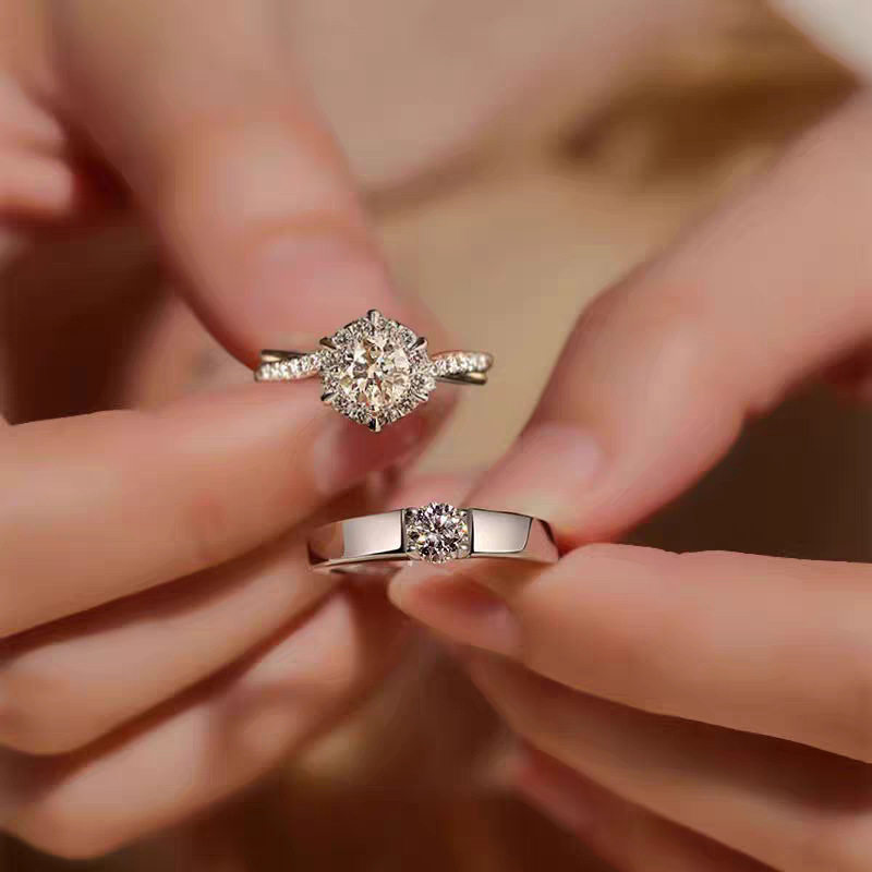 莫桑石纯银情侣戒指一对活闭口女对戒求结婚戒星织经典男戒可刻字