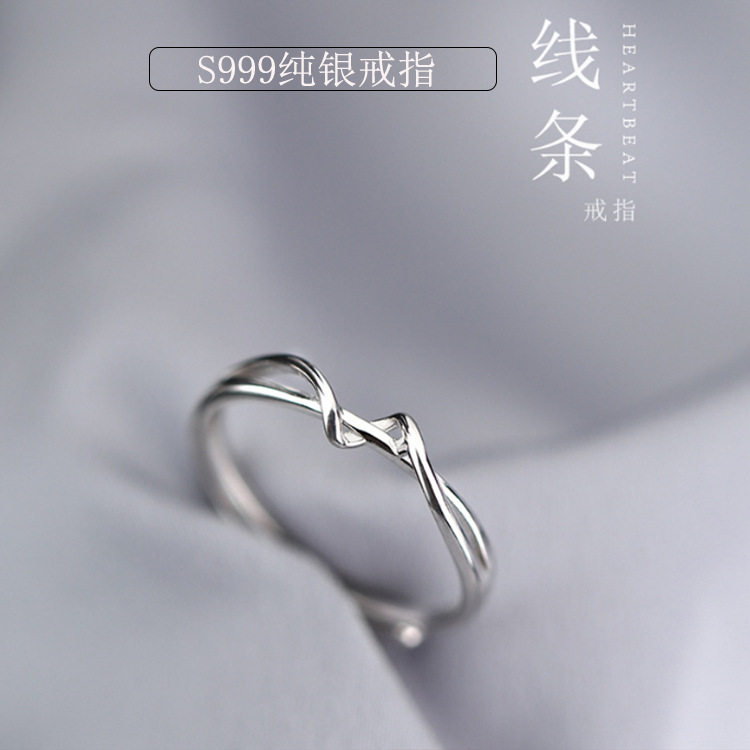 S999纯银戒指简约线条女戒指小众设计几何足银指环冷淡风高级ins