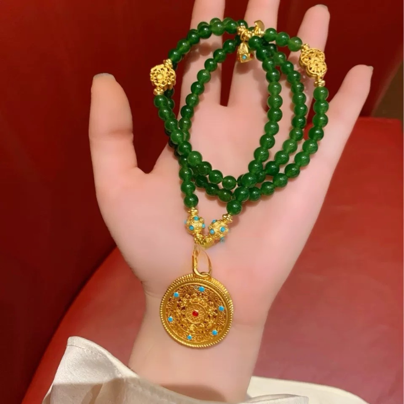 新中式祖母绿色圆珠吊牌项链多圈手链配件如意手串项链女