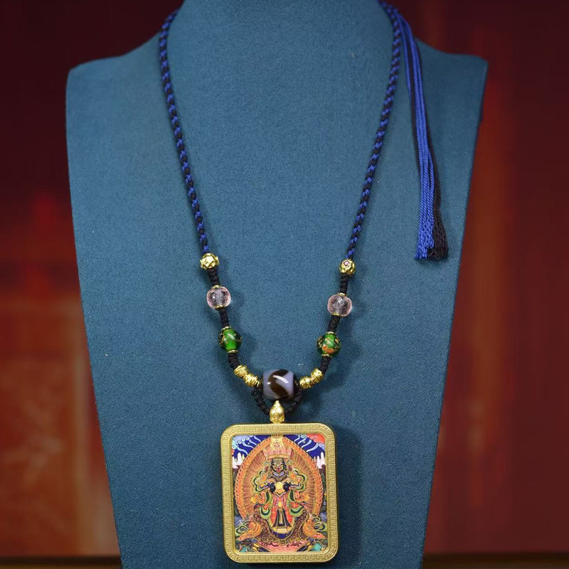 藏式文玩唐卡普贤菩萨双面佛牌背