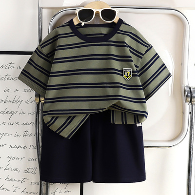 夏季短袖套装条纹翻领两件套男童休闲运动装洋气童装新款夏季t恤