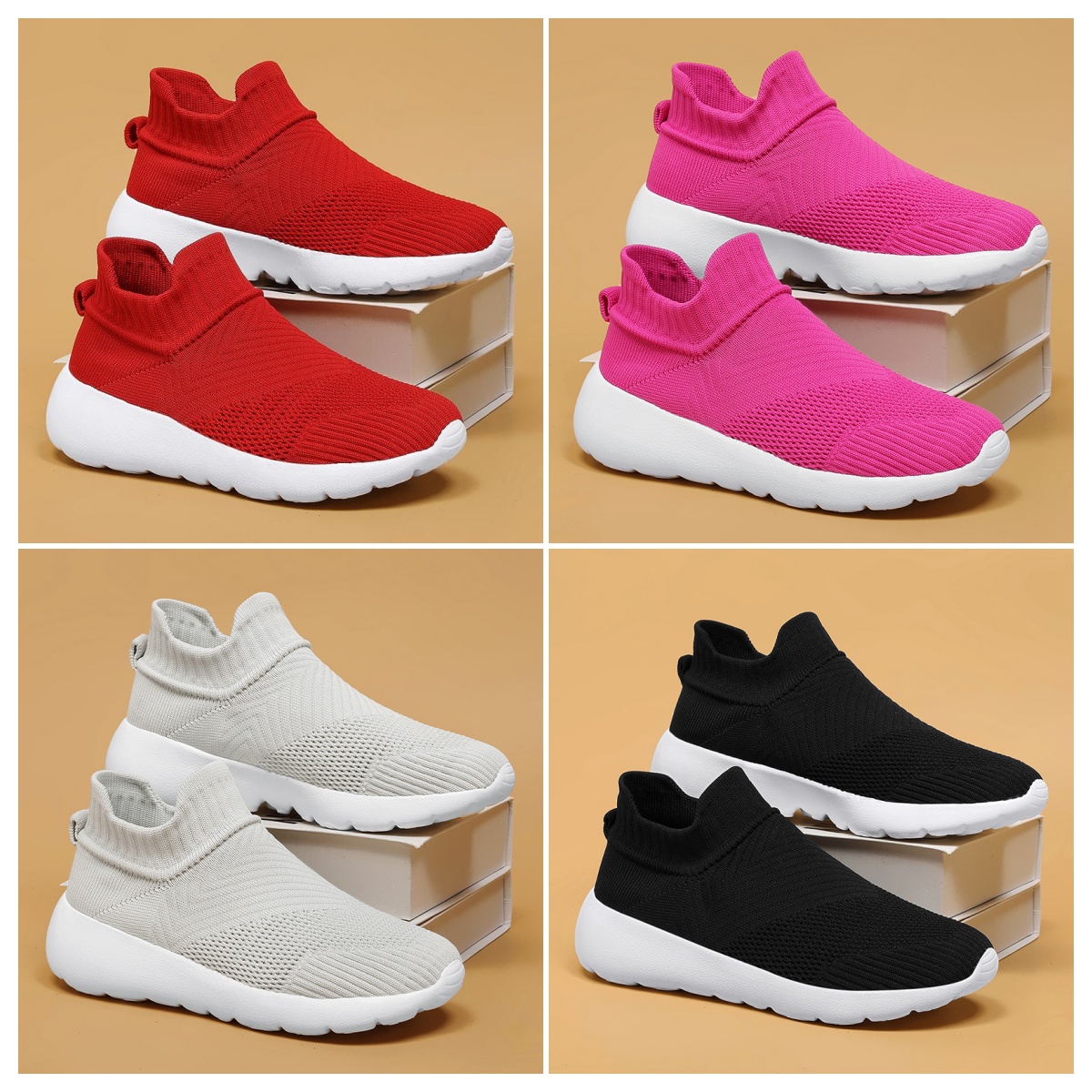 多运动走路男女一脚广场舞红色无系带袜子轻便健步套脚男女运动鞋