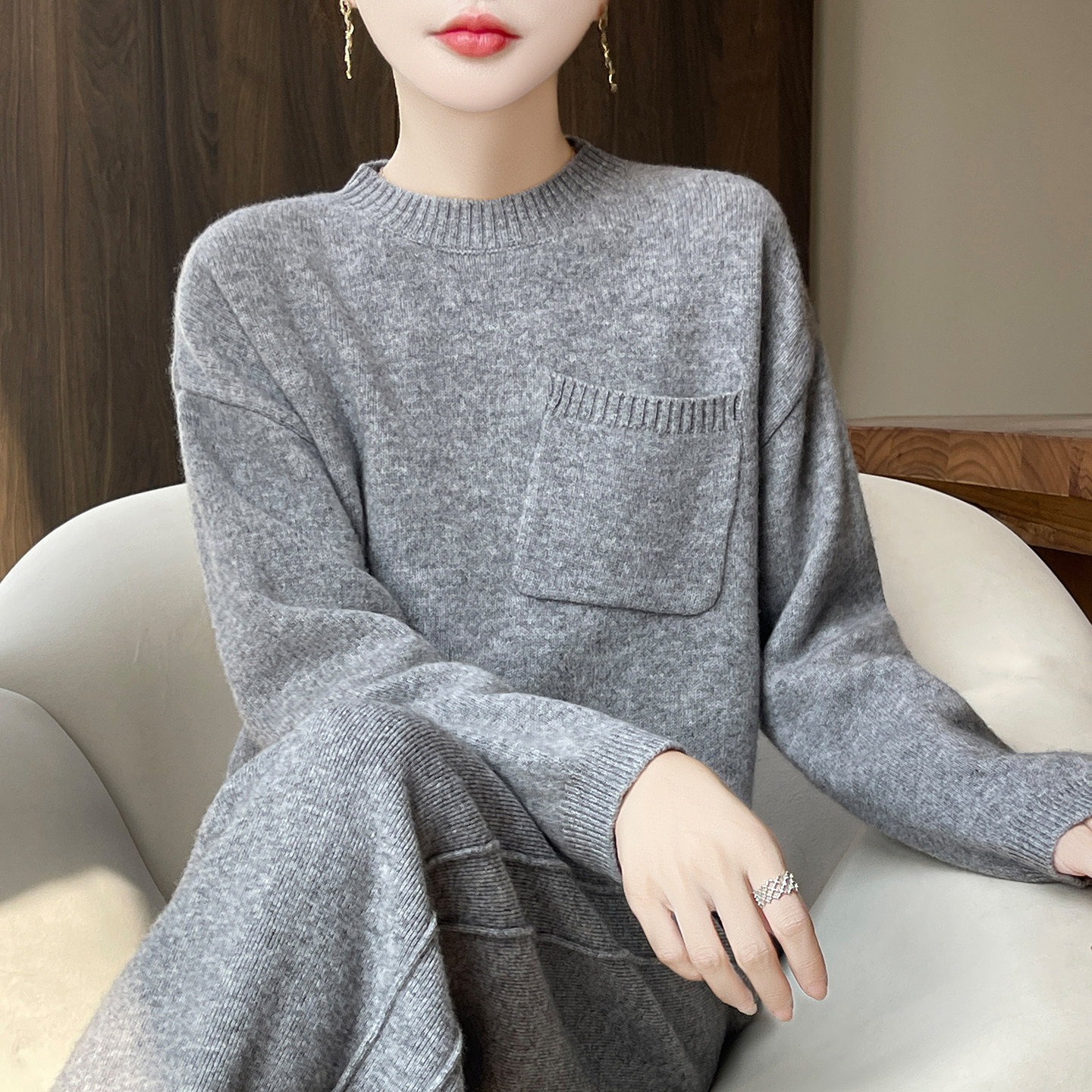 秋冬加厚100%纯羊毛衫套装女圆领宽松慵懒风针织毛衣阔腿裤两件套