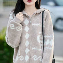 秋冬加厚100%纯羊毛连帽开衫女抽绳拼色提花宽松百搭拉链针织外套