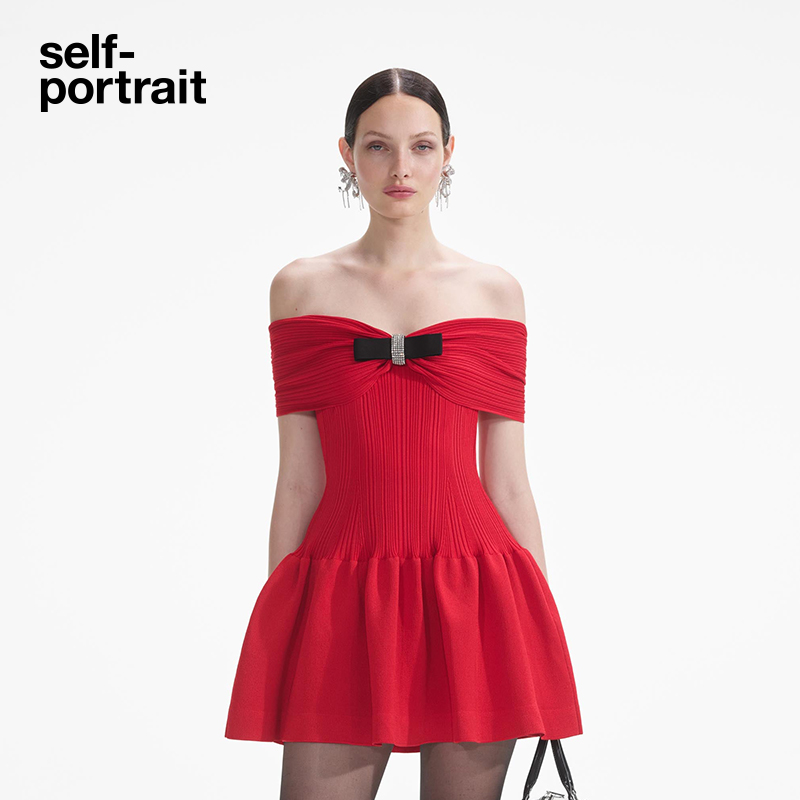 self-portrait一字领连衣裙