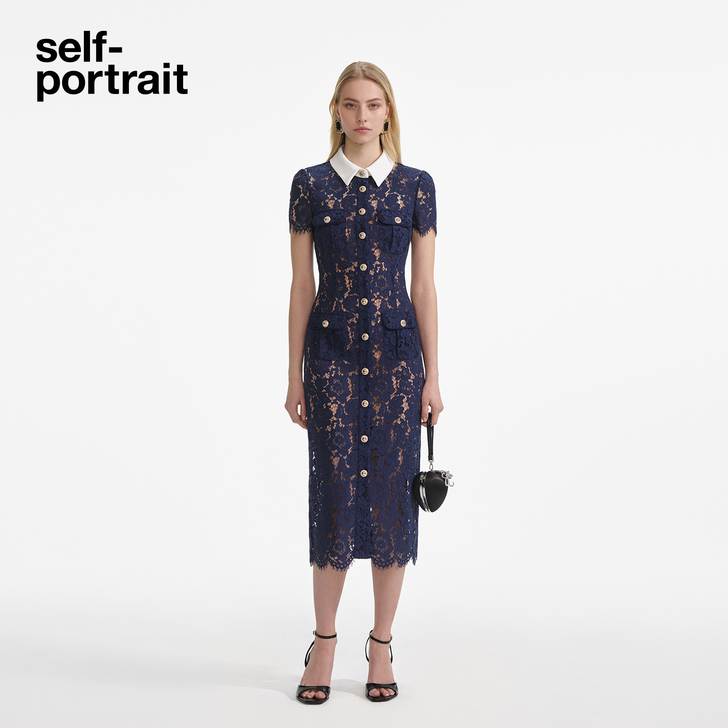 self-portrait翻领蕾丝连衣裙