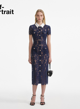 self-portrait 2025早秋新款藏蓝色气质通勤翻领蕾丝连衣裙