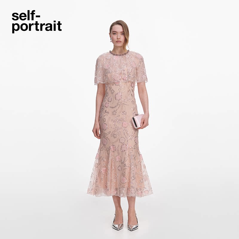 [陈瑶同款]self-portrait 2026早秋新款香槟杏钻饰亮片斗篷连衣裙