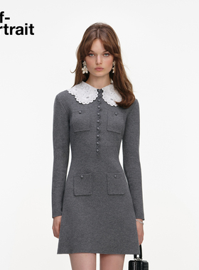 self-portrait 2026早春新款灰混色可拆卸蕾丝领长袖针织连衣裙
