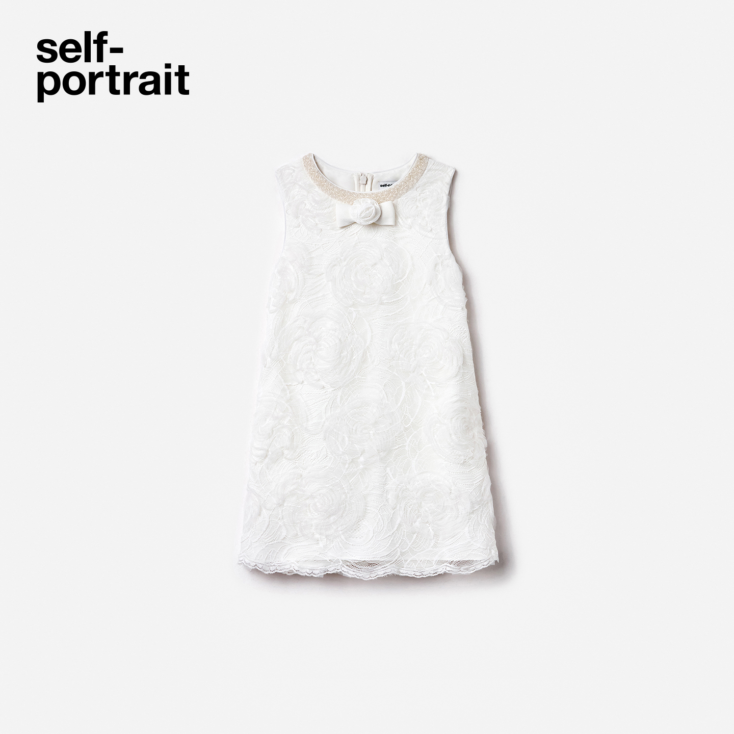 self-portrait 2025早秋新款童装纯净白钻饰蝴蝶结无袖蕾丝连衣裙