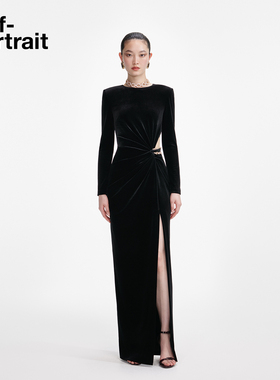 self-portrait 2025秋冬新款经典黑钻链镂空丝绒礼服连衣裙长裙