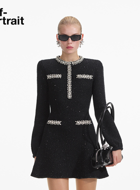 self-portrait 2025早春经典黑小香风钻饰亮片针织连衣裙